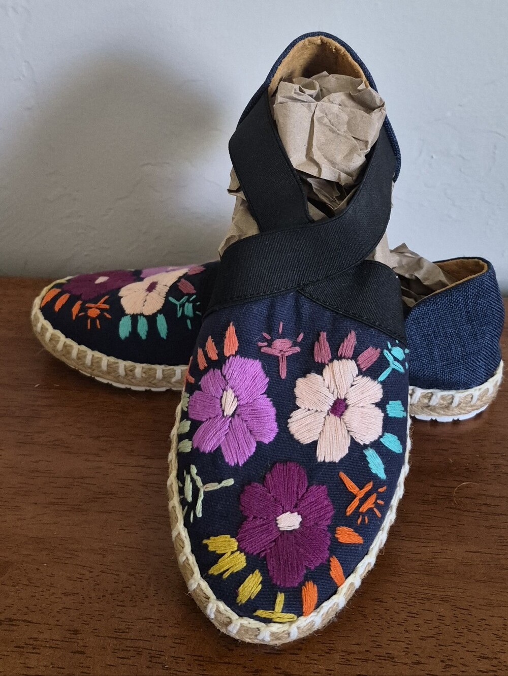 Womans Navy Espadrille Slip-Ons with Colorful Floral Embroidery
